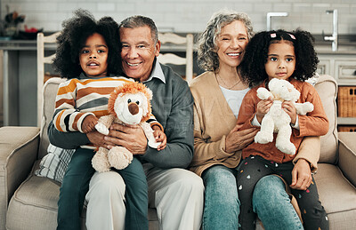 Buy stock photo Happy, bonding and portrait of grandparents holding children for a visit, playing and babysitting. Smile, interracial and elderly man and woman sitting with grandchildren for care, love and hug