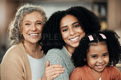 Buy stock photo Children, parents and grandparents with the portrait of a black family bonding together in their home. Kids, love or relatives with a woman, senior grandmother and girl posing in the living room