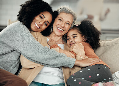 Buy stock photo Happy, hug and portrait of family with affection, visit and bonding on mothers day. Smile, interracial and mother, child and grandmother hugging, being affectionate and cheerful for quality time