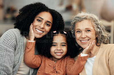 Buy stock photo Kids, women and grandparents with the portrait of a black family bonding together in their home. Children, love or relatives with a parent, senior grandmother and girl relaxing in the living room