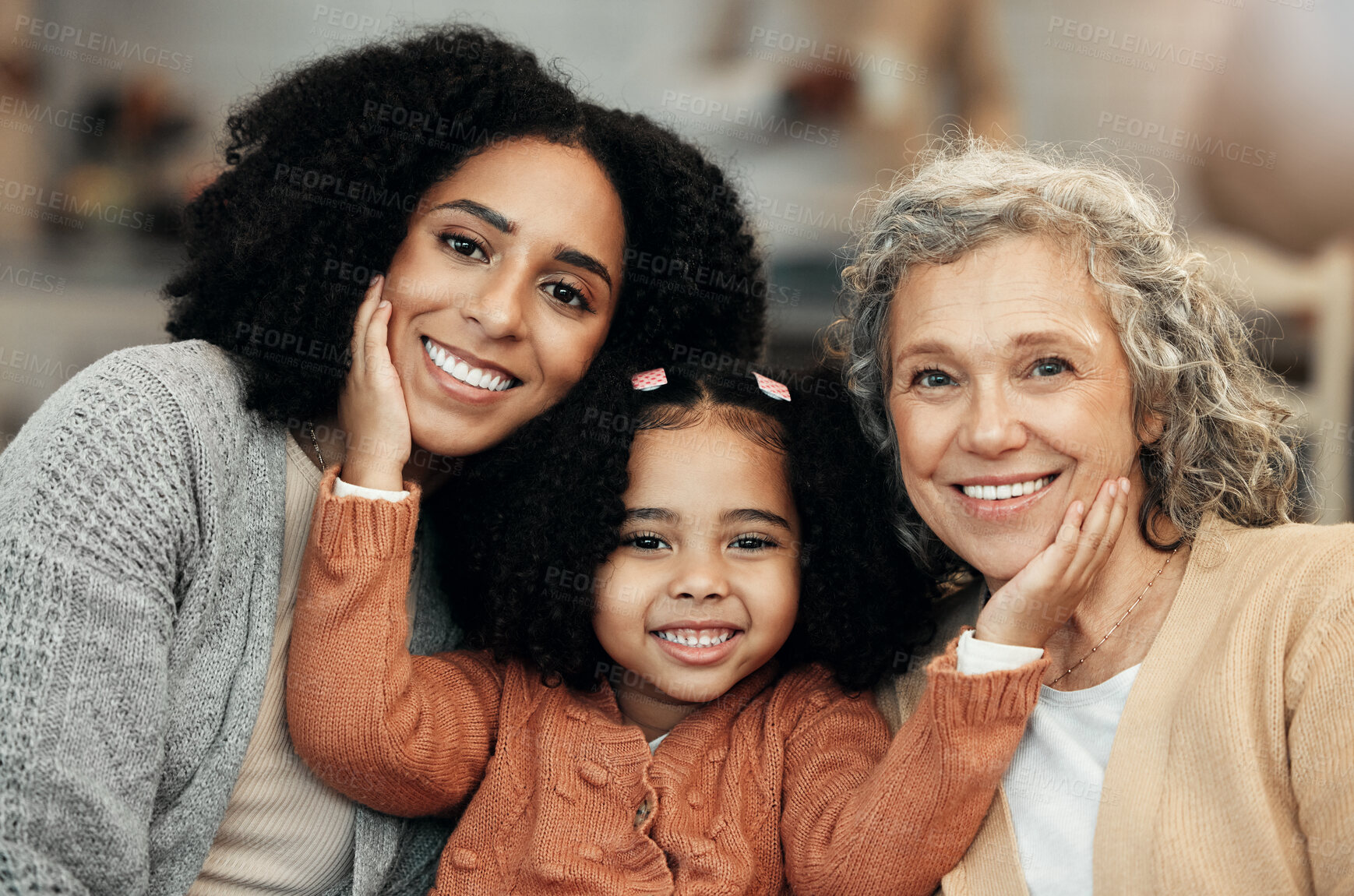 Buy stock photo Kids, women and grandparents with the portrait of a black family bonding together in their home. Children, love or relatives with a parent, senior grandmother and girl relaxing in the living room