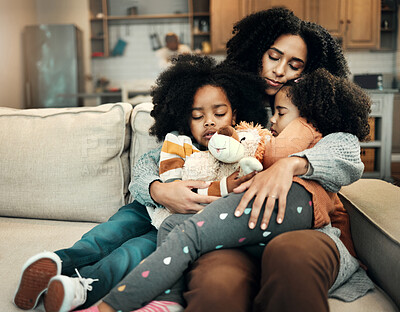 Buy stock photo Family, sleep or children hug mother for Mothers Day, home bonding or embrace on living room couch. Care, love and relax mom or woman with female youth kids, girl or daughter resting on sofa