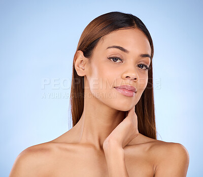 Buy stock photo Cosmetic, natural and portrait of woman beauty with smooth clear skin after treatment or facial isolated in a studio blue background. Soft, self care and clean model due to dermatology or skincare