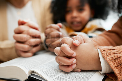 Buy stock photo Bible, hands or mother praying with kid siblings for prayer, support or hope together in Christianity. Children education, family worship or woman studying, reading book or learning God in religion