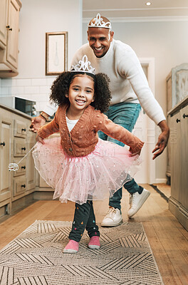 Buy stock photo Child tutu, parent ballet dance and portrait of girl and father together bonding with dancing in the kitchen. Home, kid and dad with love and care in a house playing a dancer game for children fun