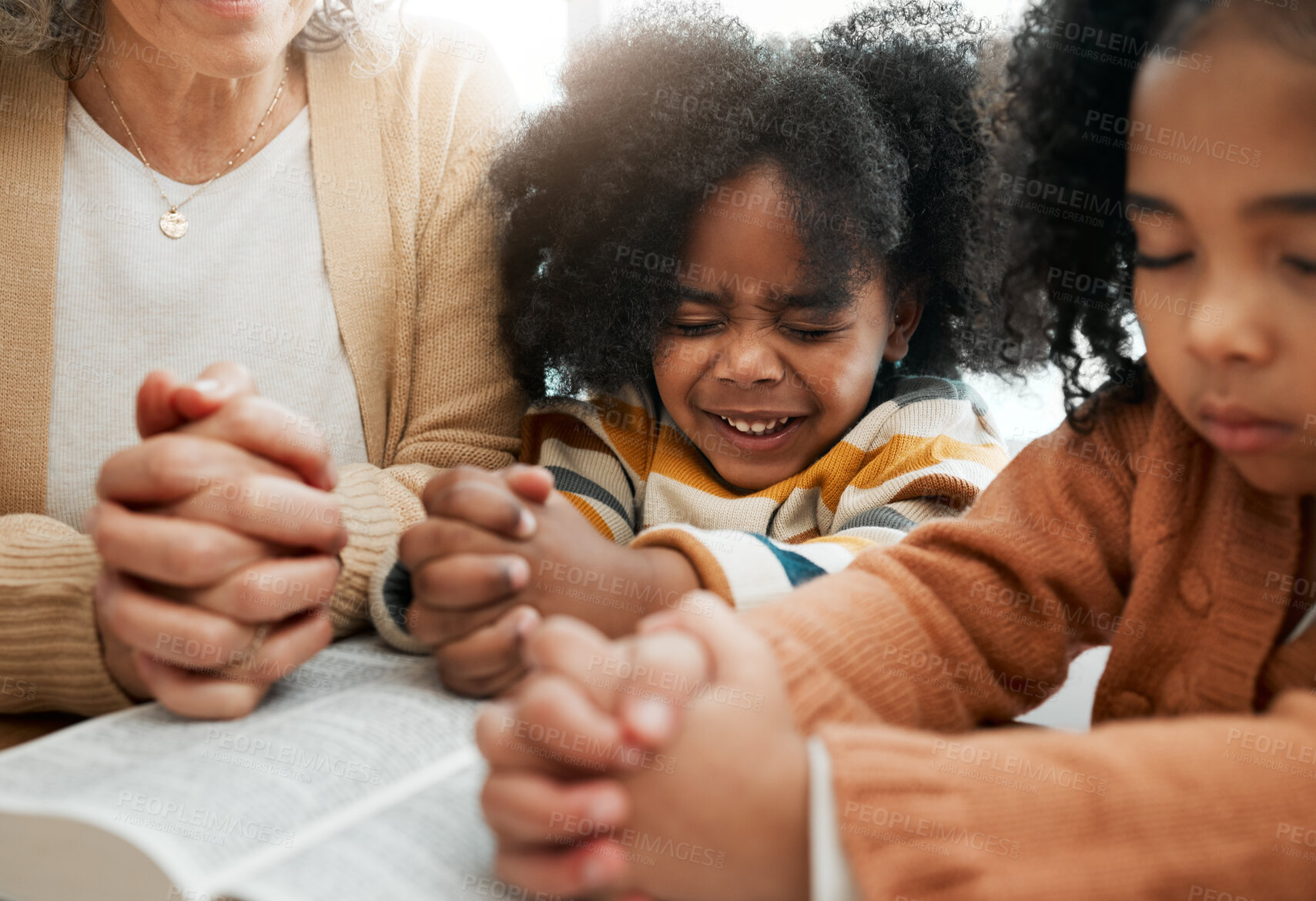 Buy stock photo Bible, prayer or hands of grandmother with kids or siblings for worship, support or hope in Christianity. Children education, praying or old woman studying, reading book or learning God in religion