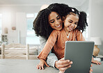 Tablet selfie, happy family and mother and child having fun, bonding and enjoy quality time together in London home. Memory photo, happiness and mom embracing young girl, kid or youth for picture 