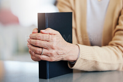Bible book, praying or hands of old woman for holy prayer, support or hope in Christianity or faith. Believe, zoom or catholic senior person studying or learning God in spiritual text in religion