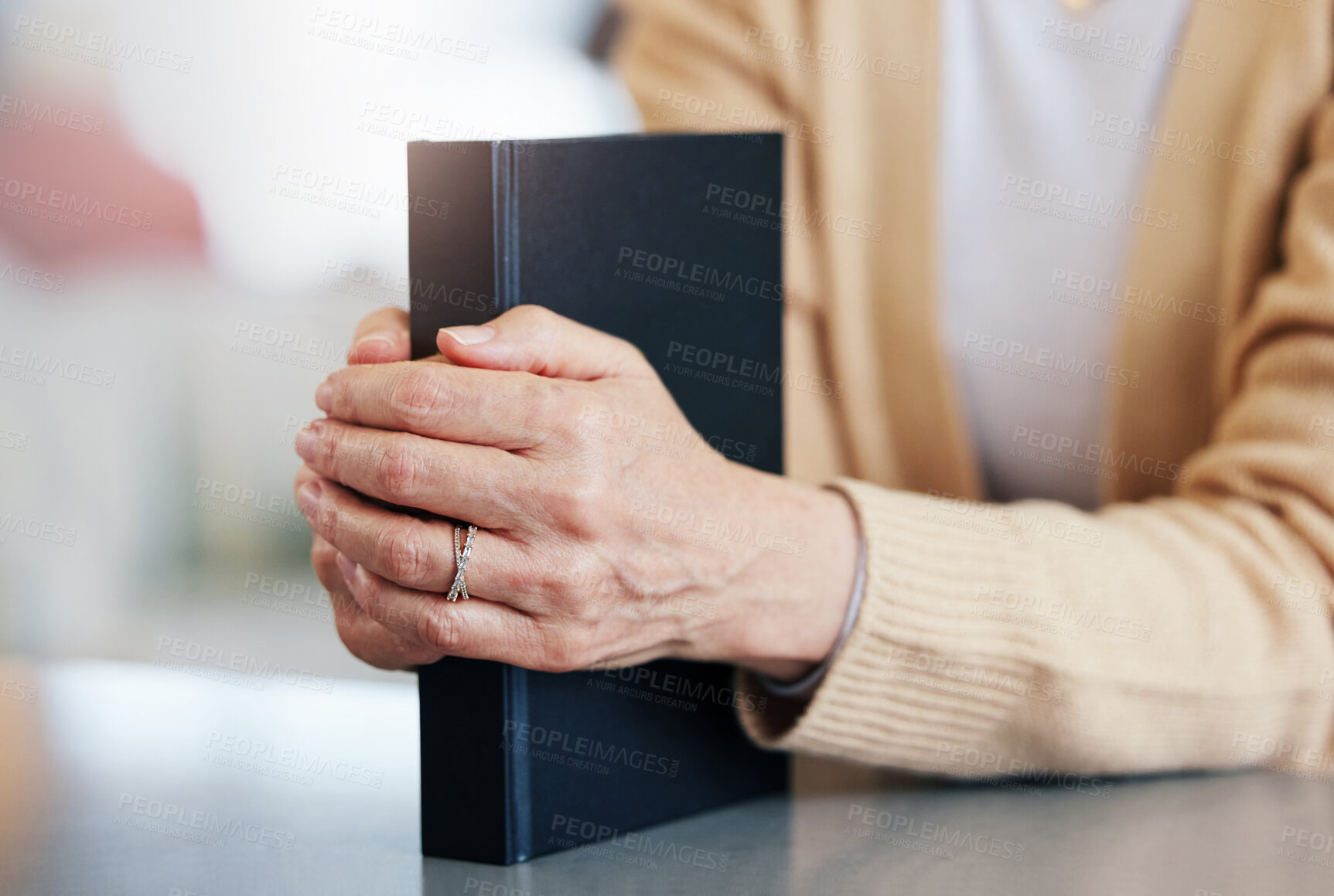 Buy stock photo Bible book, praying or hands of old woman for holy prayer, support or hope in Christianity or faith. Believe, zoom or catholic senior person studying or learning God in spiritual text in religion