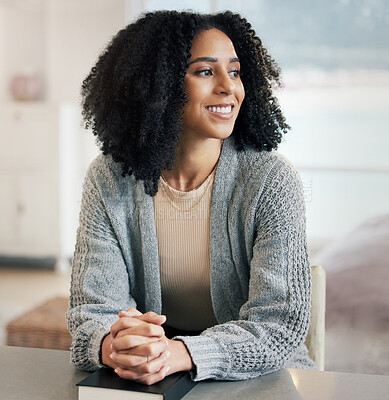 Buy stock photo Thinking girl, bible book or praying for hope, help or support in Christianity religion with faith at home. Thoughtful smile, prayer or happy woman studying or worshipping God in spiritual literature