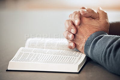 Buy stock photo Bible, reading book or hands of man for prayer, support or hope in Christianity religion or holy faith. Believe, zoom or senior person studying, praying or worshipping God in spiritual literature