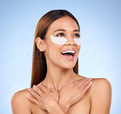 Buy stock photo Beauty, collagen and happy woman with eye mask for anti aging skincare on blue background mockup. Cosmetics, facial repair and face of hispanic model with detox treatment product in studio promotion.