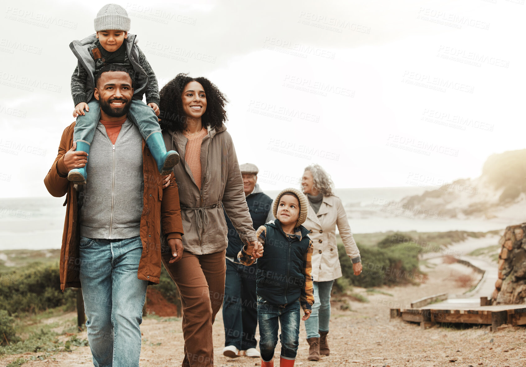 Buy stock photo Family hiking outdoor in nature, happiness and bonding, spending quality time together with fitness and generations. Grandparents, parents and children walking, love and care with happy people
