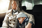 Road trip hug, sleeping child and grandma rest on travel adventure for family bonding, wellness and outdoor freedom. Sleep, driving van or relax senior woman on transport journey, holiday or vacation