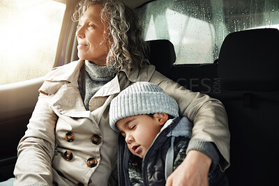 Buy stock photo Road trip hug, sleeping child and grandma rest on travel adventure for family bonding, wellness and outdoor freedom. Sleep, driving van or relax senior woman on transport journey, holiday or vacation