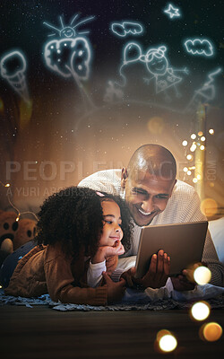 Buy stock photo Night, tablet and smile with father and daughter in blanket tent for connection, happy and streaming cartoon. Creative, app and fairy lights with man and girl at home for youth, internet and online