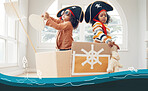 Sailing, box ship and pirate children role play, fantasy imagine or pretend in cardboard container. Cartoon sea fish, fun home game or portrait black kids on Halloween cruise adventure in ocean water