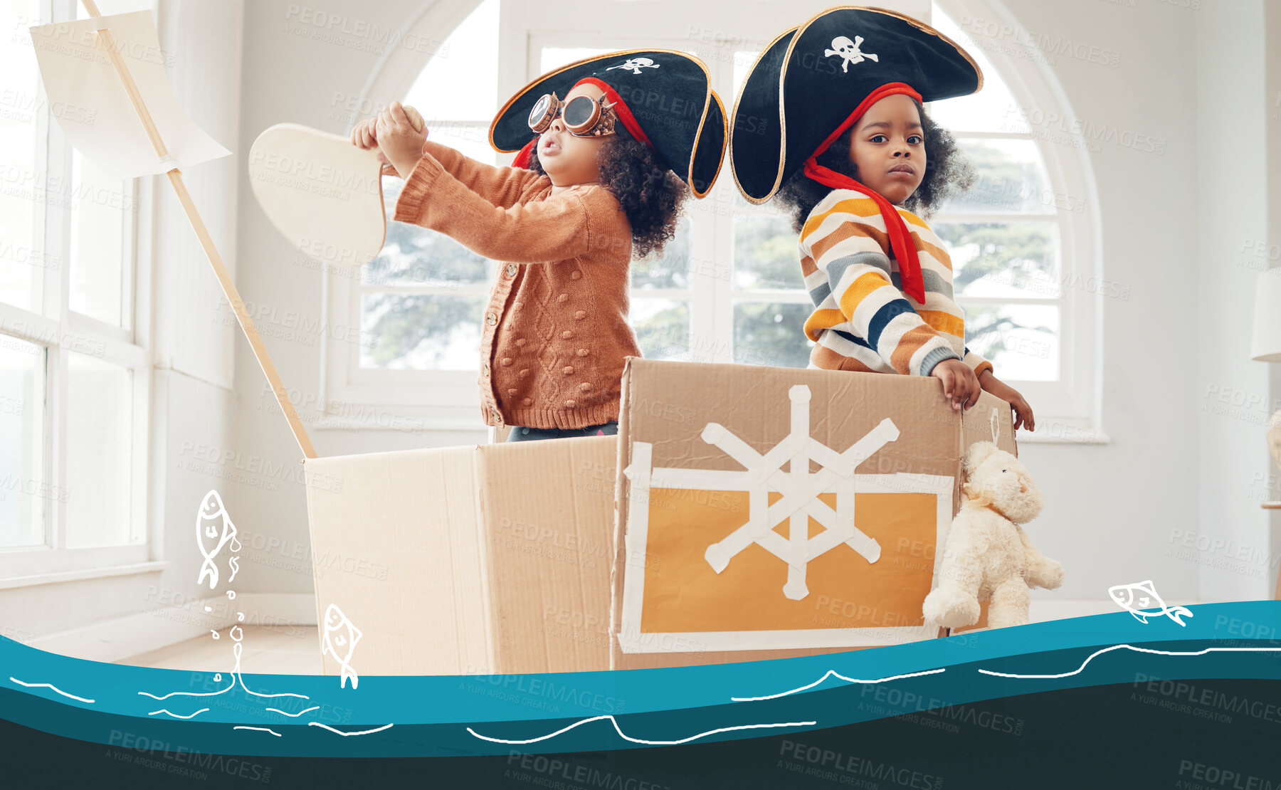 Buy stock photo Sailing, box ship or pirate children role play, fantasy imagine or fun pretend in cardboard yacht container. Sea captain sailor, ocean boat game or portrait black kids on Halloween cruise adventure