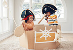 Playing, box ship and pirate kids role play, fantasy imagine or pretend as yacht captain in cardboard container. Creative sailor, fun home game or sailing black children on Halloween cruise adventure