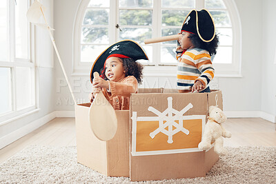 Buy stock photo Playing, box boat and pirate children role play, fantasy imagine or pretend in cardboard container. Telescope, fun home game or sailing black kids on Halloween cruise adventure with yacht captain