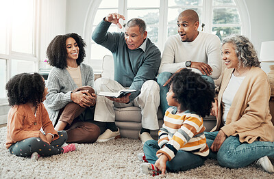 Buy stock photo Family relax, surprise with fantasy and reading book, grandparents with parents and kids at home for storytelling. Wow, shock and imagine, generations and happy people bond with love and care 