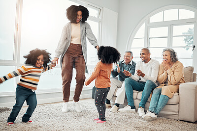 Buy stock photo Family, playing and mom having fun with children in a home in winter and bonding together in a vacation house. Parents, grandparents and happy mother play with kid during a holiday getaway