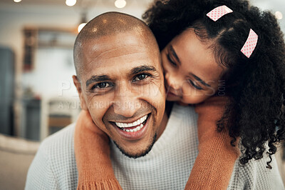 Buy stock photo Family, portrait and girl hug father on sofa, happy and laugh, playing and bonding in their home. Piggyback, face and child with parent on a couch, sweet and hugging while having fun in a living room