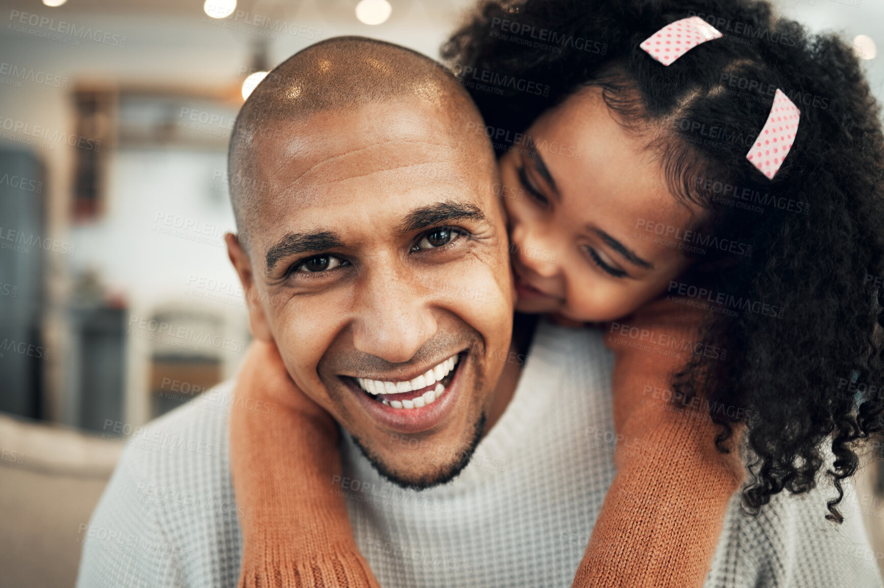 Buy stock photo Family, portrait and girl hug father on sofa, happy and laugh, playing and bonding in their home. Piggyback, face and child with parent on a couch, sweet and hugging while having fun in a living room