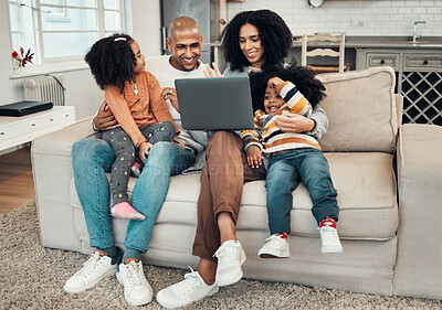 Buy stock photo Happy family, laptop and kids on sofa for video, comedy movie and streaming on internet for quality time. Man, woman and children with computer for film, movies or games on lounge couch for holiday