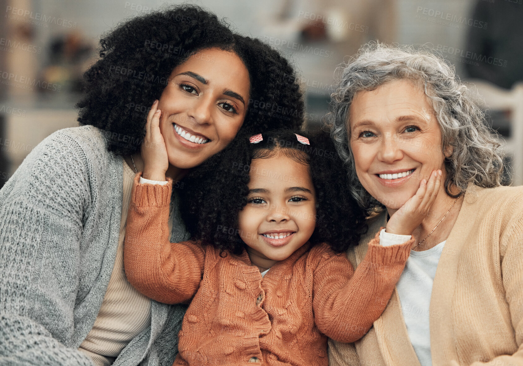 Buy stock photo Family, love and portrait by girl with mother and grandmother on a sofa, happy and smile in their home. Bond, relax and face of senior woman with adult daughter and grandchild on couch on the weekend