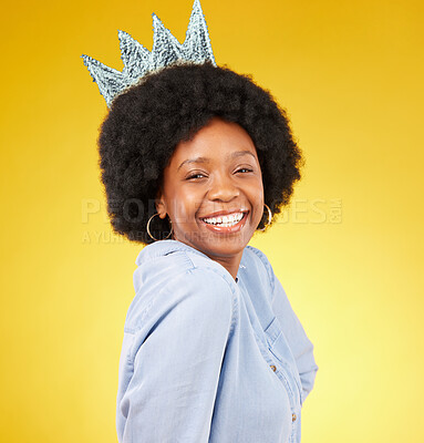 Buy stock photo Portrait, queen smile and black woman with crown in studio isolated on a yellow background. Paper, royal tiara and happy, beauty and confident African female model or princess with royalty pride.