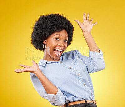 Buy stock photo Surprise, excited hands and portrait of black woman on yellow background with energy, happiness and smile. Winner mockup, celebration and isolated happy girl for deal, retail sale and discount news