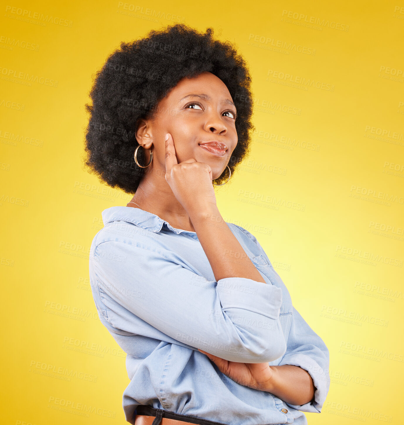 Buy stock photo Thinking, confused and black woman in studio pensive, puzzled and uncertain on yellow background. Doubt, contemplate and emoji by unsure female with decision, choice or option on isolated space