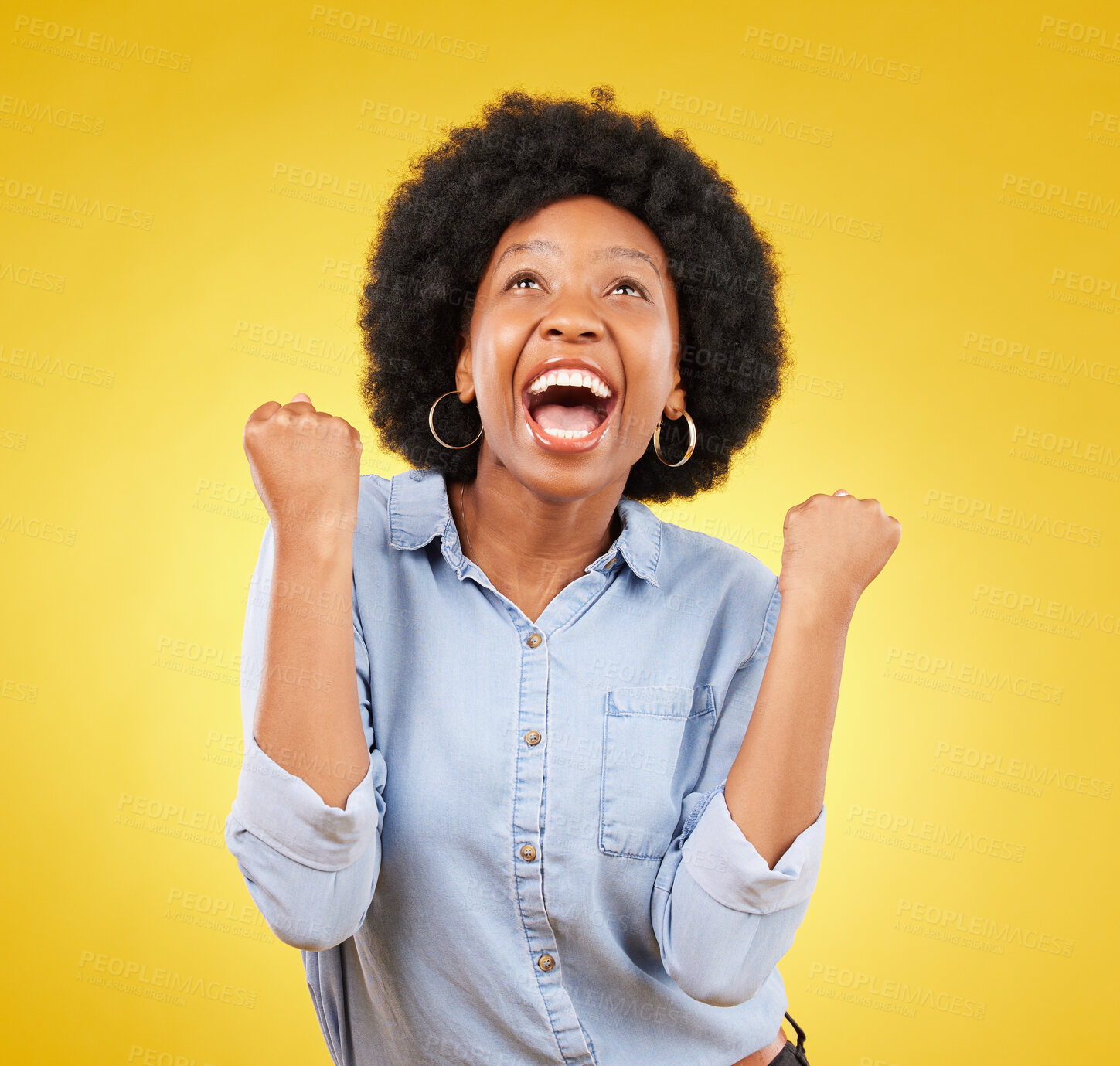 Buy stock photo Black woman, excited face and celebrate win in studio while happy on yellow background. African female model with hands or fist for victory, promotion or bonus lottery prize achievement or surprise