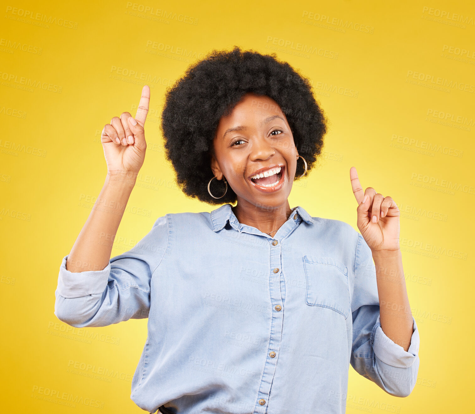 Buy stock photo Promotion, happy portrait or black woman point at mock up space, advertising mockup or marketing promo. Commercial girl, studio gesture and excited person with product placement on yellow background 