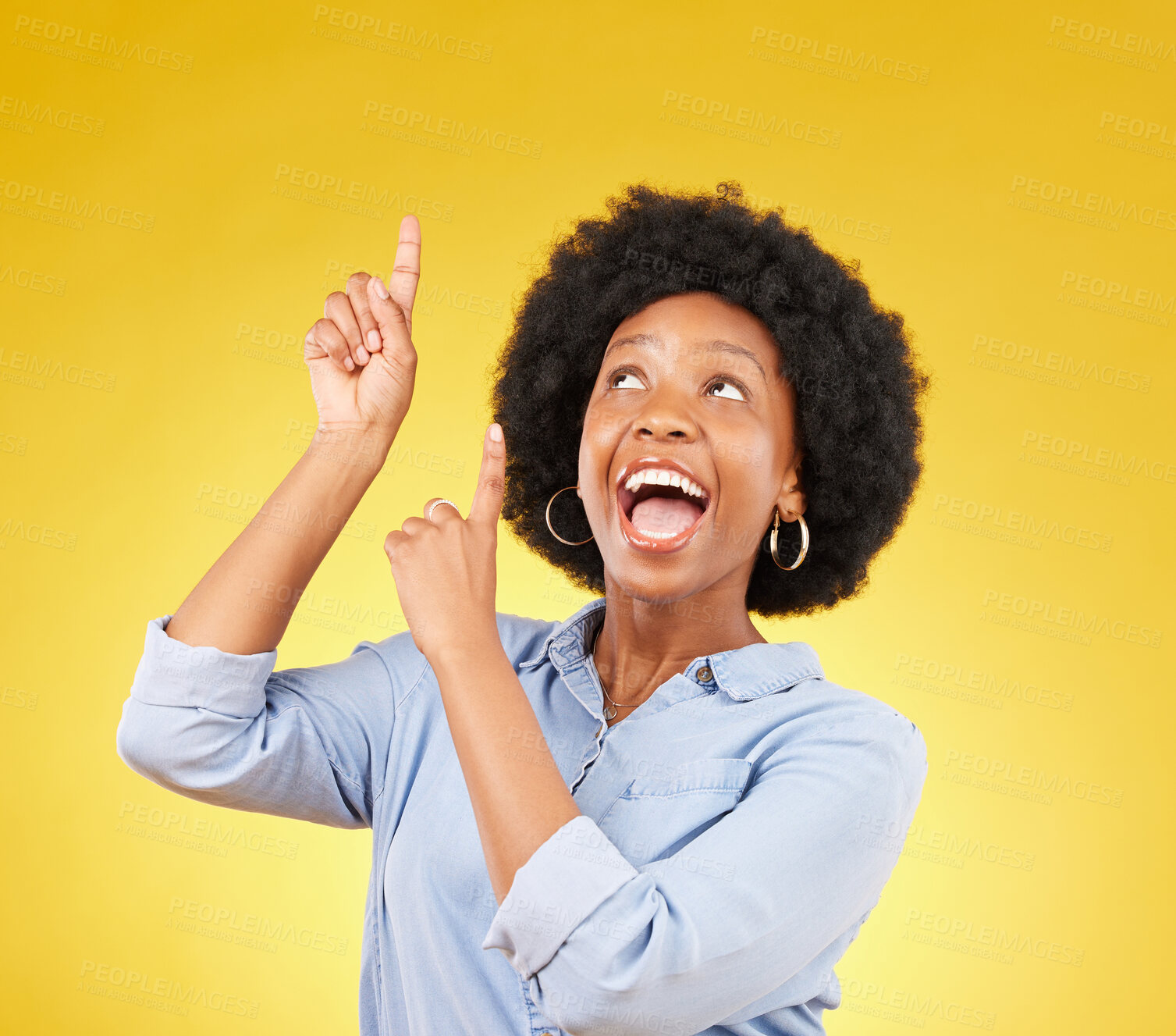 Buy stock photo Studio promotion, excited and black woman point up at mock up space, advertising mockup or marketing promo. Commercial girl, gesture and happy person with product placement deal on yellow background