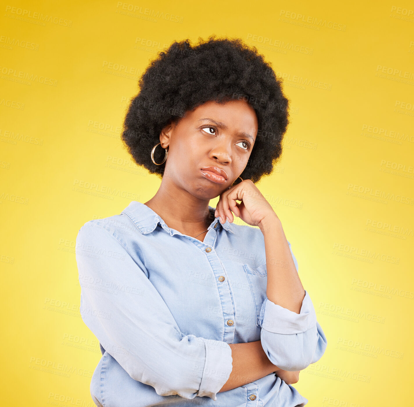 Buy stock photo Black woman, sad face and thinking in studio upset, sulking and disappointed on a yellow background. African female model think of memory, problem or mental health with afro hair and color space