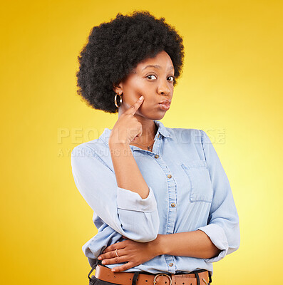 Buy stock photo Portrait, beauty fashion and black woman in studio isolated on a yellow background. Makeup, cosmetics and serious female model from South Africa with spa facial treatment for skincare or healthy skin