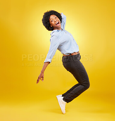 Buy stock photo Wow, excited and black woman in dance pose on yellow background with energy, happiness and smile in studio. Winner mockup, celebration and isolated happy girl dancing for freedom, winning and success