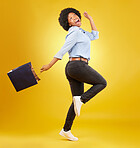 Bag, happy and black woman shopping, excited and celebrating sale in studio on yellow background. Discount, shopper and girl customer cheerful after boutique, retail or store deal posing isolated