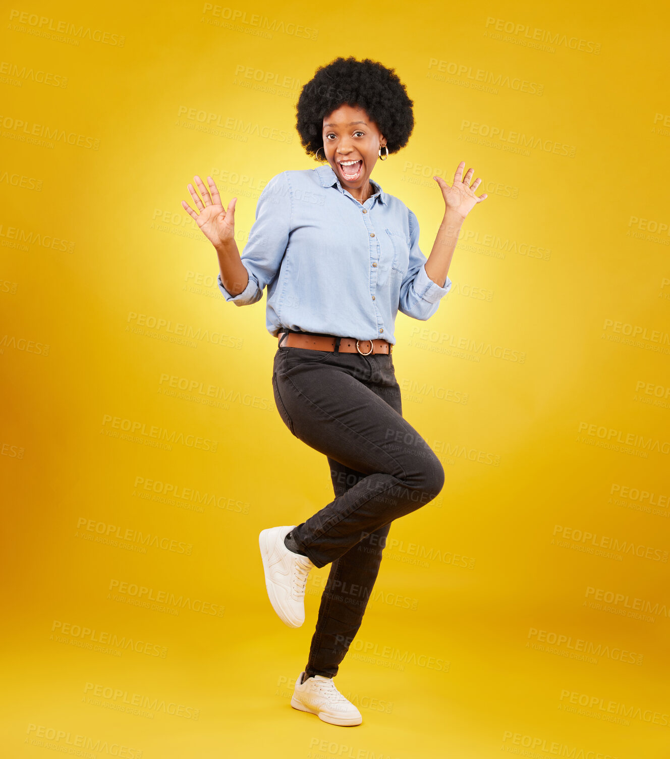 Buy stock photo Wow, excited and portrait of black woman on yellow background with energy, happiness and smile in studio. Surprise mockup, celebration and isolated happy girl with discount news, deal and retail sale