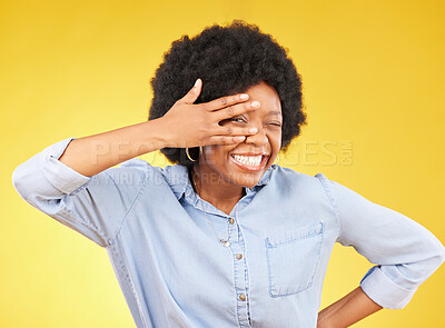 Buy stock photo Excited, V and black woman hand on face and surprised winning person isolated in studio yellow background. Portrait, success and female winner happy for deal, sale and good news announcement