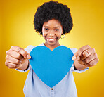 Paper, heart and portrait of black woman in studio for romance, positive and emotion. Happiness, love and giving with female isolated on yellow background for date, feelings and affectionate