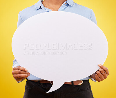 Buy stock photo Social media, woman and hands with speech bubble for opinion, marketing space or brand advertising. Product placement info, mock up billboard or branding person with voice mockup on yellow background