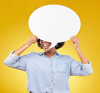 Buy stock photo Social media, studio smile and black woman with speech bubble for opinion, marketing space or brand advertising. Product placement, mock up billboard and person with voice mockup on yellow background