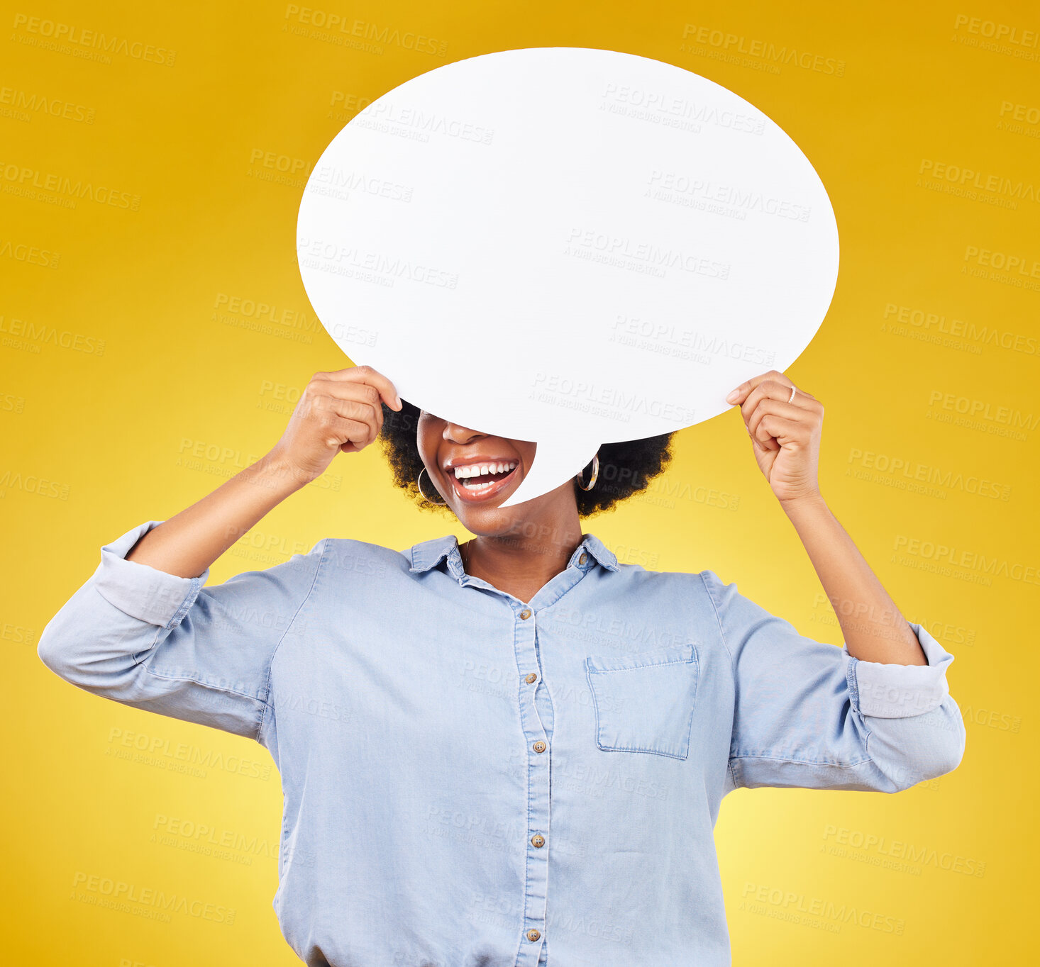 Buy stock photo Social media, studio smile and black woman with speech bubble for opinion, marketing space or brand advertising. Product placement, mock up billboard and person with voice mockup on yellow background