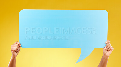 Buy stock photo Social media announcement, person and hands with speech bubble for opinion, marketing space or brand advertising. Product placement, mock up billboard and woman with voice mockup on studio background