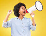 Megaphone announcement, shout or studio black woman protest for democracy vote, justice or human rights rally. Racism opinion, microphone speech or angry justice speaker isolated on yellow background