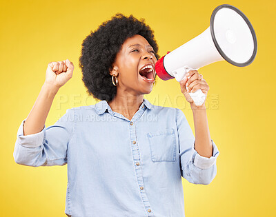 Buy stock photo Megaphone announcement, shout or studio black woman protest for democracy vote, justice or human rights rally. Racism opinion, microphone speech or angry justice speaker isolated on yellow background