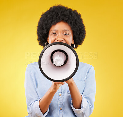 Buy stock photo Megaphone announcement, portrait or black woman talking with voice or doing sales promotion. Speaker face, bullhorn noise or person broadcast news, studio speech or communication on yellow background